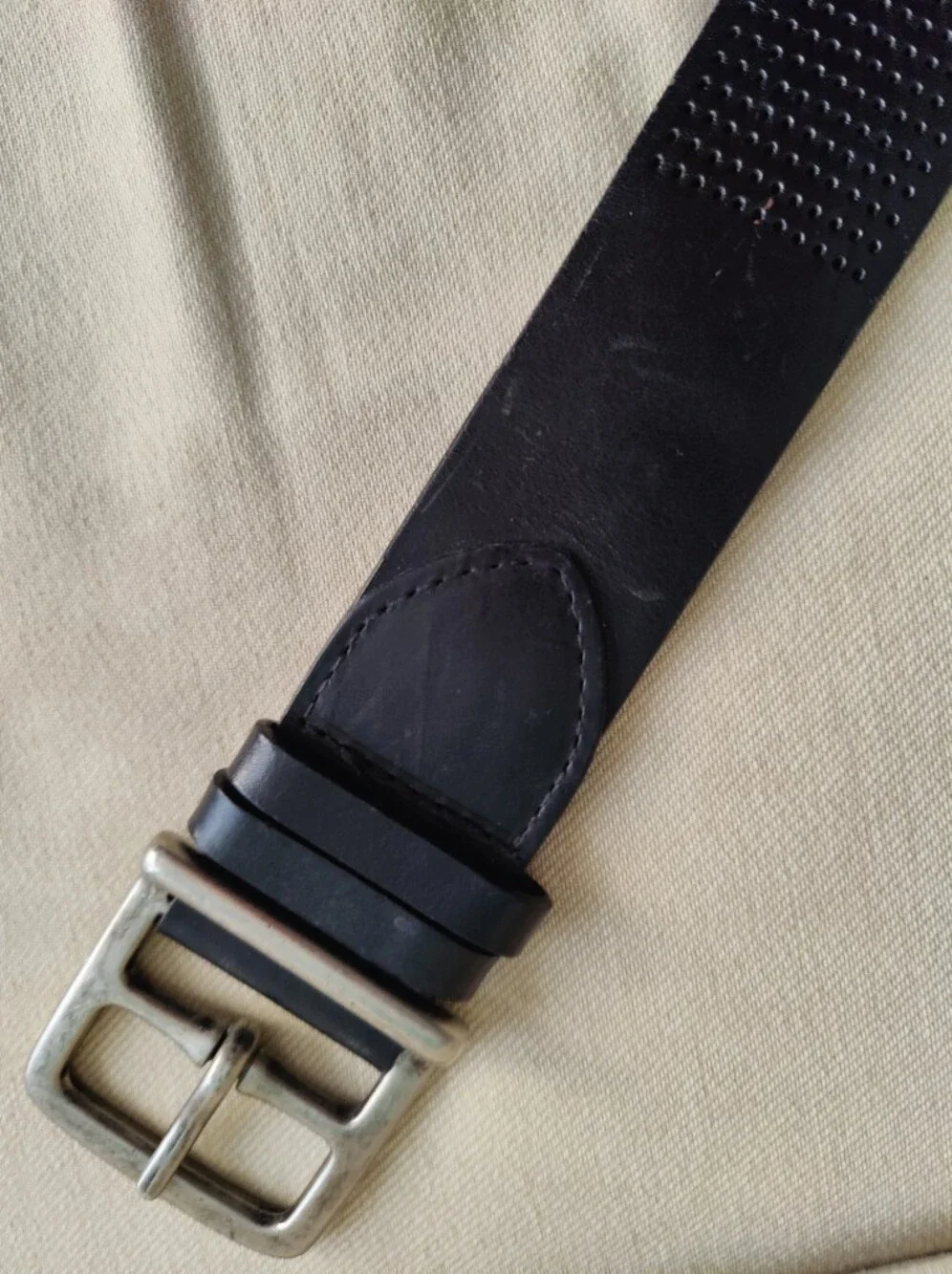 Carhartt Black Perforated Leather Belt with Silver Tone Metal Square Buckle
